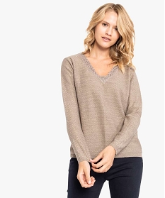 pull paillete pour femme avec col v en dentelle brun pulls7449601_1