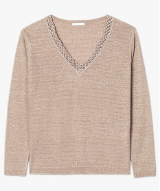 pull paillete pour femme avec col v en dentelle beige pulls7449601_4