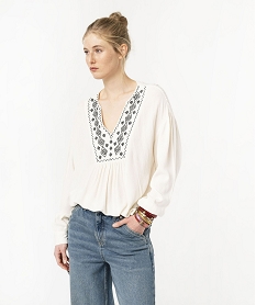 blouse a manches longues avec col v brode femme beige blousesE877101_2