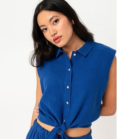 chemise sans manches en gaze de coton a pans noues femme bleu chemisiersE949201_4