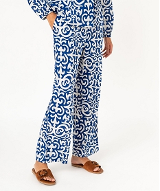 pantalon large imprime avec taille elastique femme bleu pantalonsF045001_1