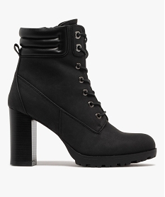 GEMO Bottines femme à talon haut avec col matelassé à zip et à lacets ronds cirés noir standard