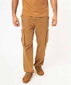 pantalon cargo en lin a taille elastiquee homme brun pantalonsF110201_2