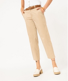 GEMO Pantalon en twill de coton avec ceinture tressée femme Beige