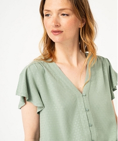 blouse manches courtes volantees en viscose jacquard a boutons femme vert blousesF134701_2