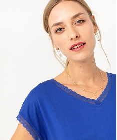 tee-shirt a manches courtes loose et col v en dentelle femme bleu t-shirts manches courtesF148401_2