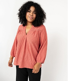 blouse manches 34 en maille ajouree femme grande taille rose t-shirts manches longuesF150801_1