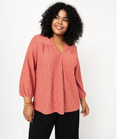 blouse manches 34 en maille ajouree femme grande taille rose t-shirts manches longuesF150801_4