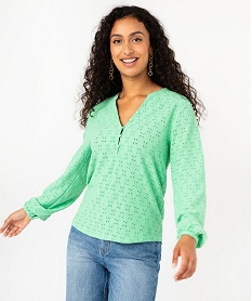 tee-shirt manches longues en maille ajouree femme vert t-shirts manches longuesF151201_1