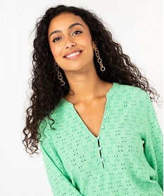 tee-shirt manches longues en maille ajouree femme vert t-shirts manches longuesF151201_2