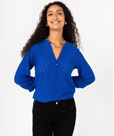 tee-shirt manches longues en maille ajouree femme bleu t-shirts manches longuesF151301_1