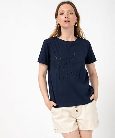 tee-shirt manches courtes avec inscription brodee femme bleu t-shirts manches courtesF351601_2