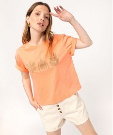 GEMO Tee-shirt manches courtes crop top avec motif brodé femme Orange