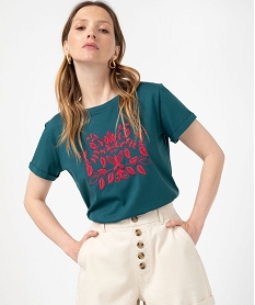 GEMO Tee-shirt manches courtes avec motif brodé femme Vert