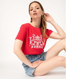 GEMO Tee-shirt manches courtes avec motif brodé femme Rouge