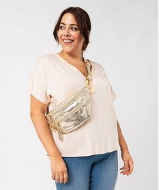 tee-shirt manches courtes ample avec col v brode femme grande taille beige t-shirts col vF365501_1