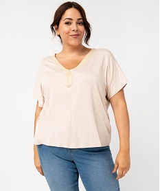 tee-shirt manches courtes ample avec col v brode femme grande taille beige t-shirts col vF365501_2