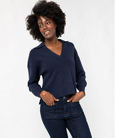 pull court avec col polo et decollete v femme bleu pullsF385901_2