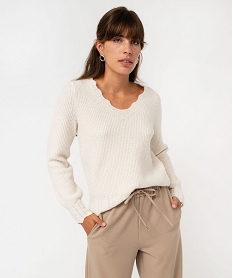 pull en maille col v finitions dentelees femme beige pullsF408901_1