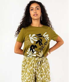 GEMO Tee-shirt manches courtes à grand motif en velours femme Vert