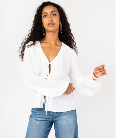 GEMO Blouse manches longues à nouettes femme Blanc