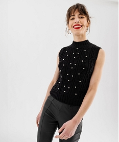 GEMO Pull sans manches en grosse maille torsadée à strass femme Noir