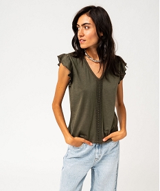 tee-shirt manches courtes a volants et details brode femme vert t-shirts manches courtesF489001_1