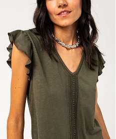 tee-shirt manches courtes a volants et details brode femme vert t-shirts manches courtesF489001_2