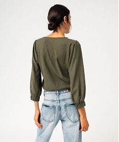 tee-shirt manches 34 en maille gaufree avec col v femme vert t-shirts manches longuesF489401_3