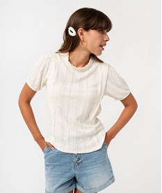 tee-shirt manches courtes en maille ajouree a volants femme blancF489501_2