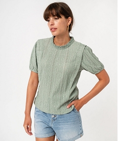 tee-shirt manches courtes en maille ajouree a volants femme vert t-shirts manches longuesF489601_1