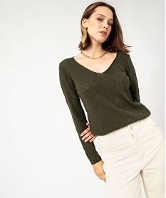 pull col v en maille ajouree femme vert pullsF497601_1