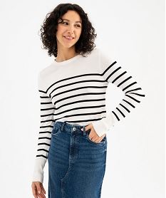GEMO Pull fin à rayures en viscose femme Blanc
