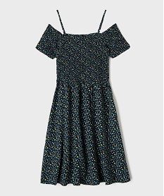 GEMO Robe fleurie à fines bretelles et buste smocké fille Noir