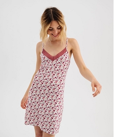 GEMO Nuisette en viscose avec col V dentelle et fines bretelles femme Rose