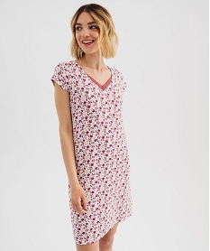 GEMO Chemise de nuit en maille extensible avec col V en dentelle femme Rose