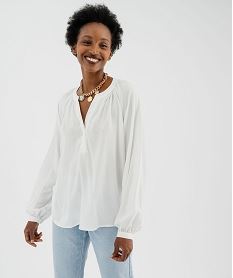 GEMO Blouse manches longues en viscose unie à col rond boutonné femme Beige