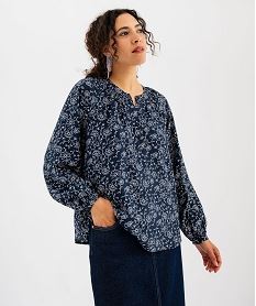 GEMO Blouse manches longues en viscose fleurie à col rond boutonné femme Bleu