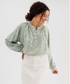 GEMO Blouse manches longues en viscose fleurie à col rond boutonné femme Vert