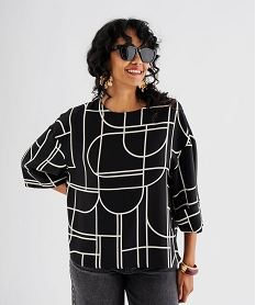 GEMO Blouse manches 34 en maille fluide à pois femme Noir