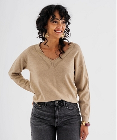 GEMO Pull col V en fine maille fluide pailletée femme beige standard