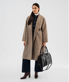 GEMO Manteau long croisé avec ceinture à nouer femme Brun