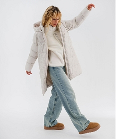 GEMO Doudoune mi-longue à capuche et col montant femme Beige