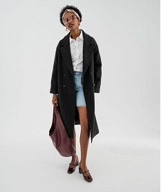 GEMO Manteau long croisé à double boutonnage et col femme gris standard