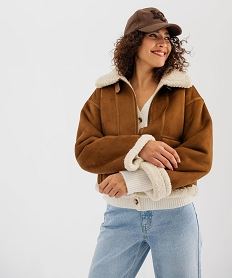 GEMO Blouson aviateur en suédine fourrée femme marron vif