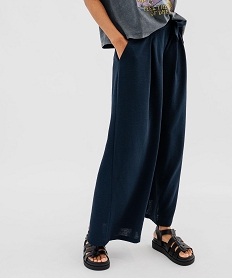 GEMO Pantalon large et fluide à taille élastiquée et liens à nouer femme Bleu