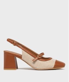 GEMO Escarpins slingbacks à talon large bout carré et brides femme Brun