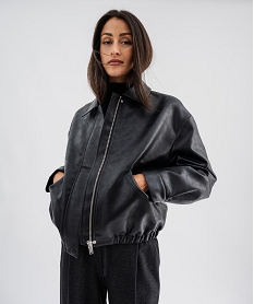 GEMO Blouson court coupe large en cuir imitation femme noir standard