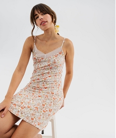 GEMO Nuisette en viscose avec col V dentelle et fines bretelles femme blanc standard