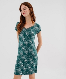 GEMO Chemise de nuit en maille extensible avec col V en dentelle femme Vert